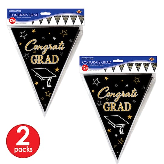 Beistle 11" x 12ft. Black & Gold Metallic Congrats Grad Pennant Banners, 2ct.